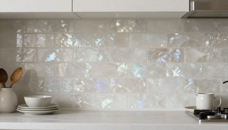 Mother Of Pearl Peel Stick Tile: 7 Amazing Ways To Achieve A Luxe Backsplash (Proven Guide) 9 Luxurious kitchen backsplash featuring iridescent mother of pearl peel and stick tiles with shimmering finish