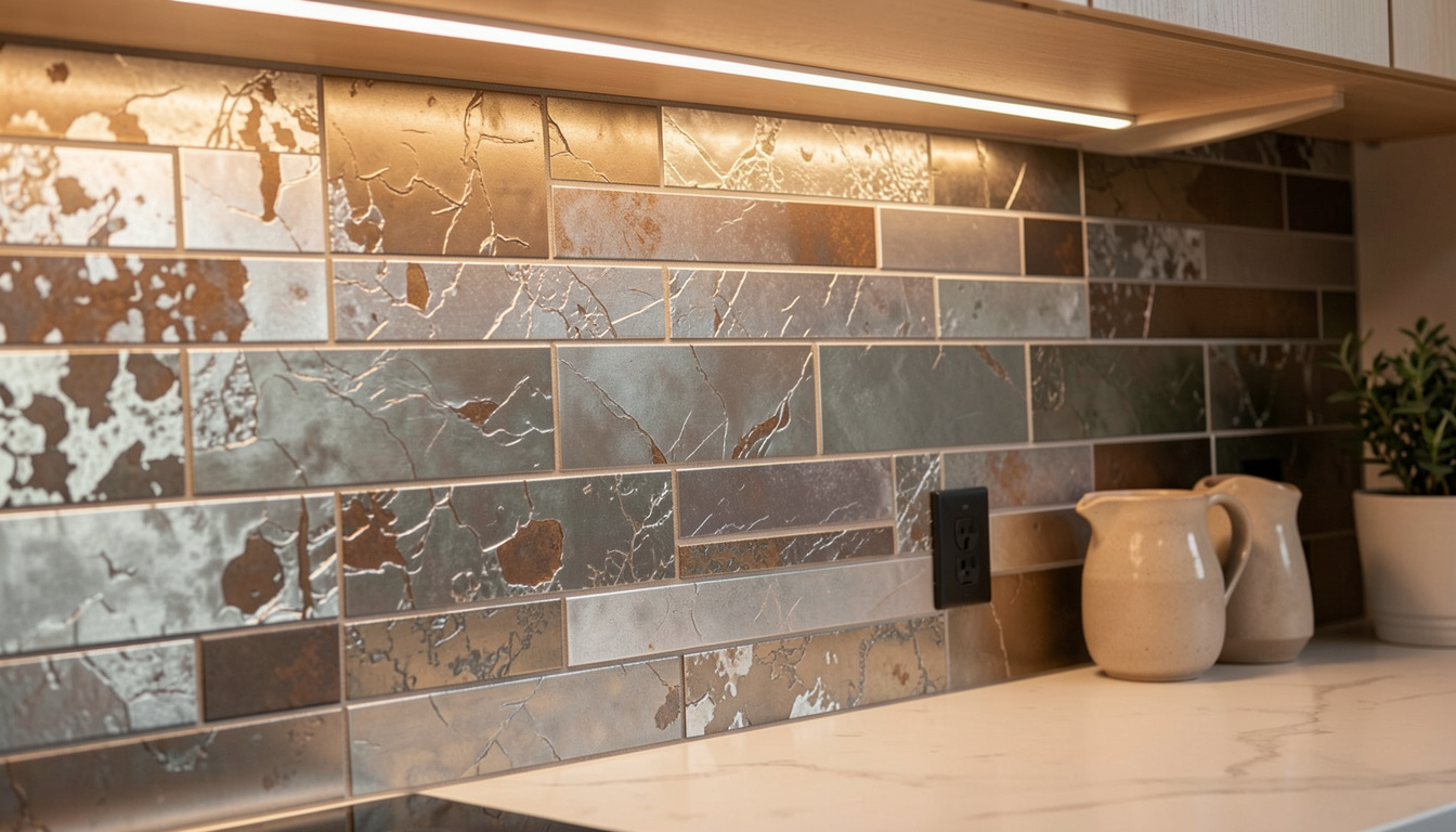 Mixed Metal Peel Stick Tiles: 7 Amazing Ways to Install (Proven Guide) 1 Modern kitchen backsplash featuring mixed metal peel and stick tiles with brushed brass, copper, and stainless steel finishes
